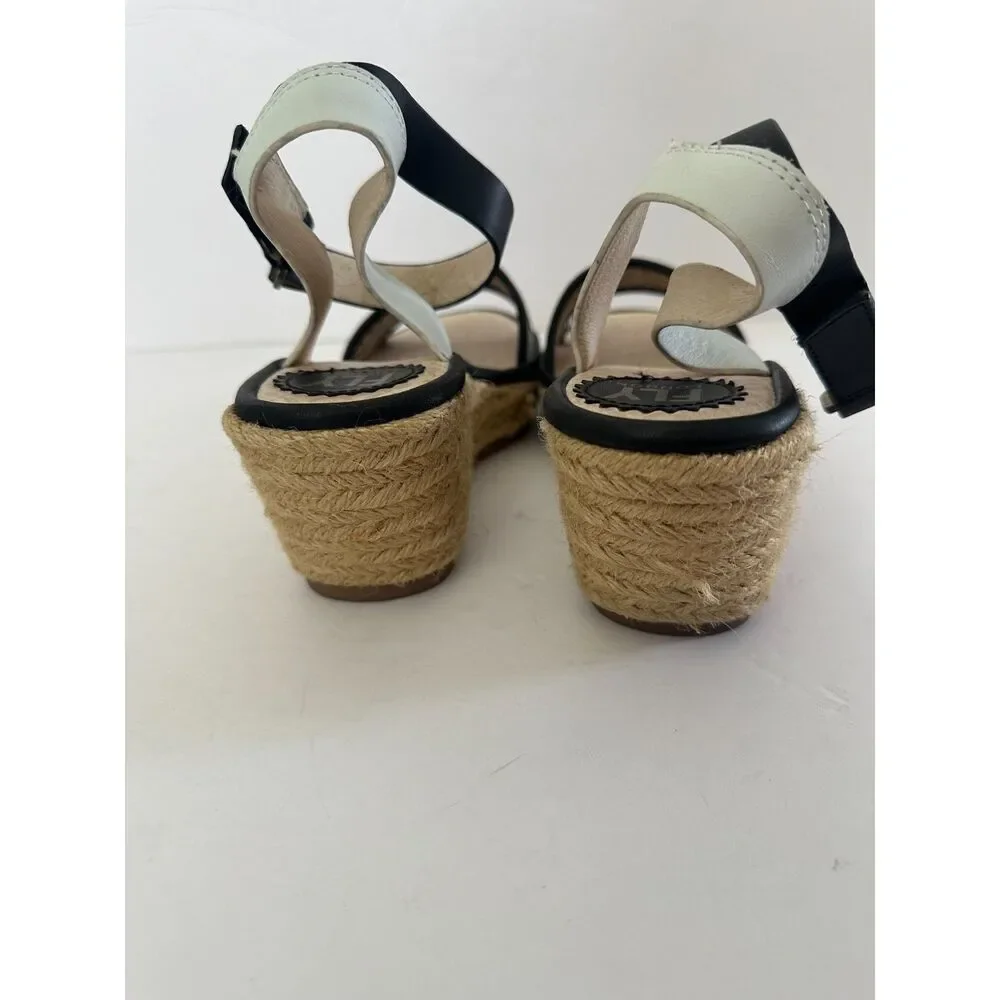 FLY London Sandal Wedge Espadrille Ekal White Black Womens 38 / 7.5